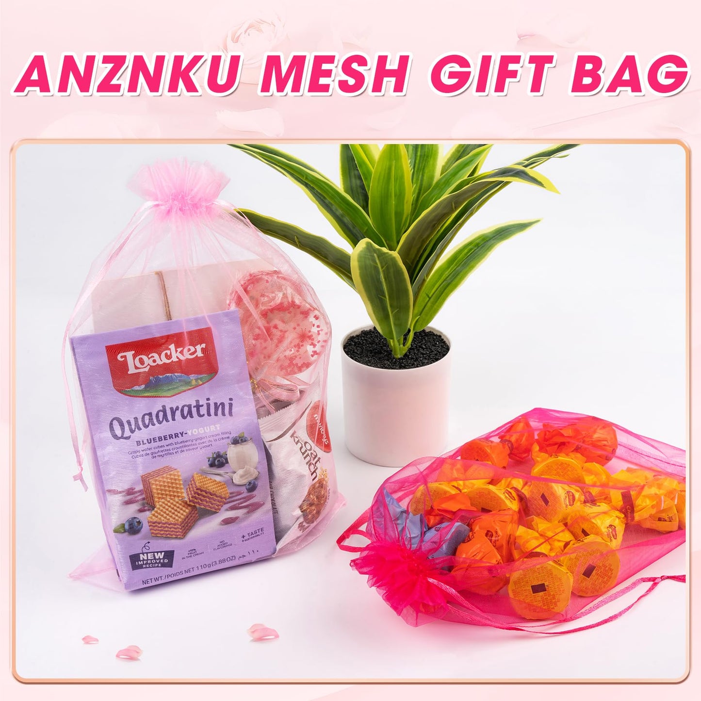 ANZNKU 8x12 in 50 Pack Pink Organza Bags, Small Gift Bags Bulk for Wedding Baby Shower Birthday Candy Party Favors, Large Sheer Mesh Goodie Bags Drawstring for Jewelry Craft Sachet & Gifts Wrap