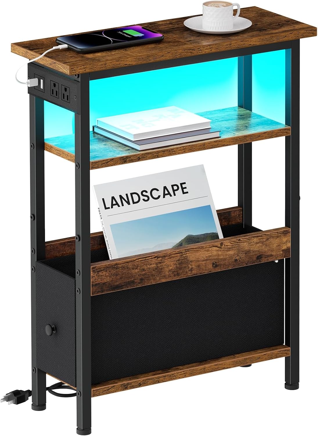 1 Creso hom Narrow Side Table with Charging Station and LED Light, End Table with Fabric Drawer, Skinny Nightstand