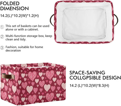 Happy Valentine's Day Storage Basket, Fabric Kitchen Bins in Pink Purple Love Heart, Foldable Organizer Bag, 16×12×8