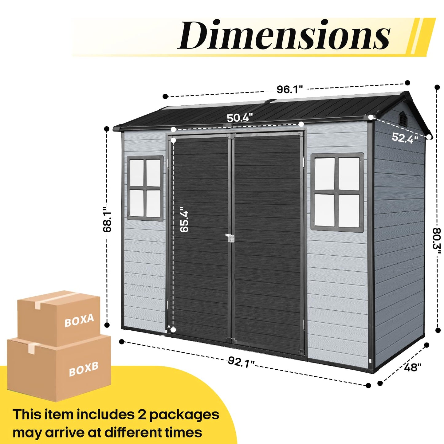 FammyLoft 8x4 FT Resin Storage Shed with Floor, Outdoor Plastic Shed with 2 Windows, 2 Vents and Lockable Door for Backyard Garden Patio Tools, Bike Metal Frame (Black+Grey)