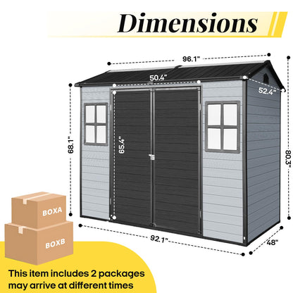 FammyLoft 8x4 FT Resin Storage Shed with Floor, Outdoor Plastic Shed with 2 Windows, 2 Vents and Lockable Door for Backyard Garden Patio Tools, Bike Metal Frame (Black+Grey)