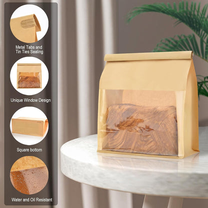 Pack of 50 Paper Bread Bags, Large Bakery Storage Bags with Window for Home Sourdough Bread Packaging