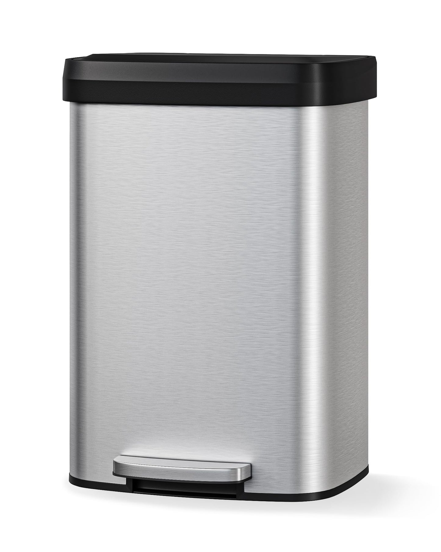 Garvee 13 gal / 50 L Stainless Steel Trash Can with Lid, Large Garbage Can for Kitchen, Rustproof Step-on Kitchen Metal Trash Bin with Liner Rim, Rear Handle, Soft Close Plastic Lid, Silver