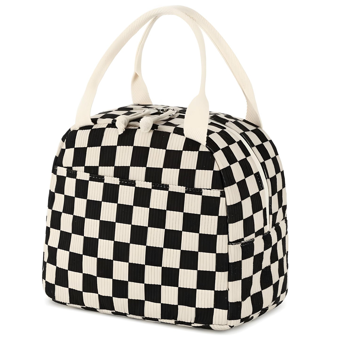 Corduroy Insulated Lunch Tote with Front Pocket for Women & Men Leakproof Reusable Meal & Food Bag, Large Capacity for Office, Picnic & Travel Checkered Black