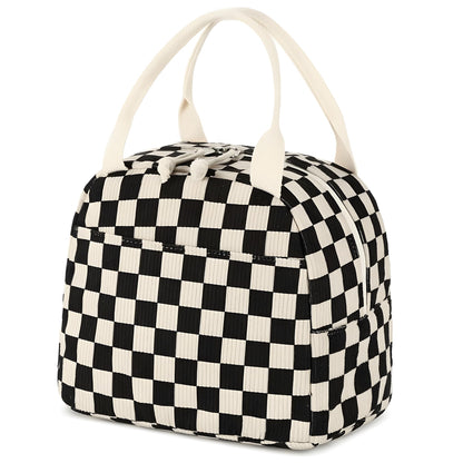 Corduroy Insulated Lunch Tote with Front Pocket for Women & Men Leakproof Reusable Meal & Food Bag, Large Capacity for Office, Picnic & Travel Checkered Black