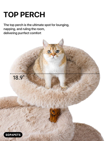 Aesthetic Cat Tree Tower for Large Cats, Large Cat Tree for Maine Coon Indoor Cats with Faux Fox Fur, Solid Wood Sisal Scratching Post, Perches, Platform & Toy Ball