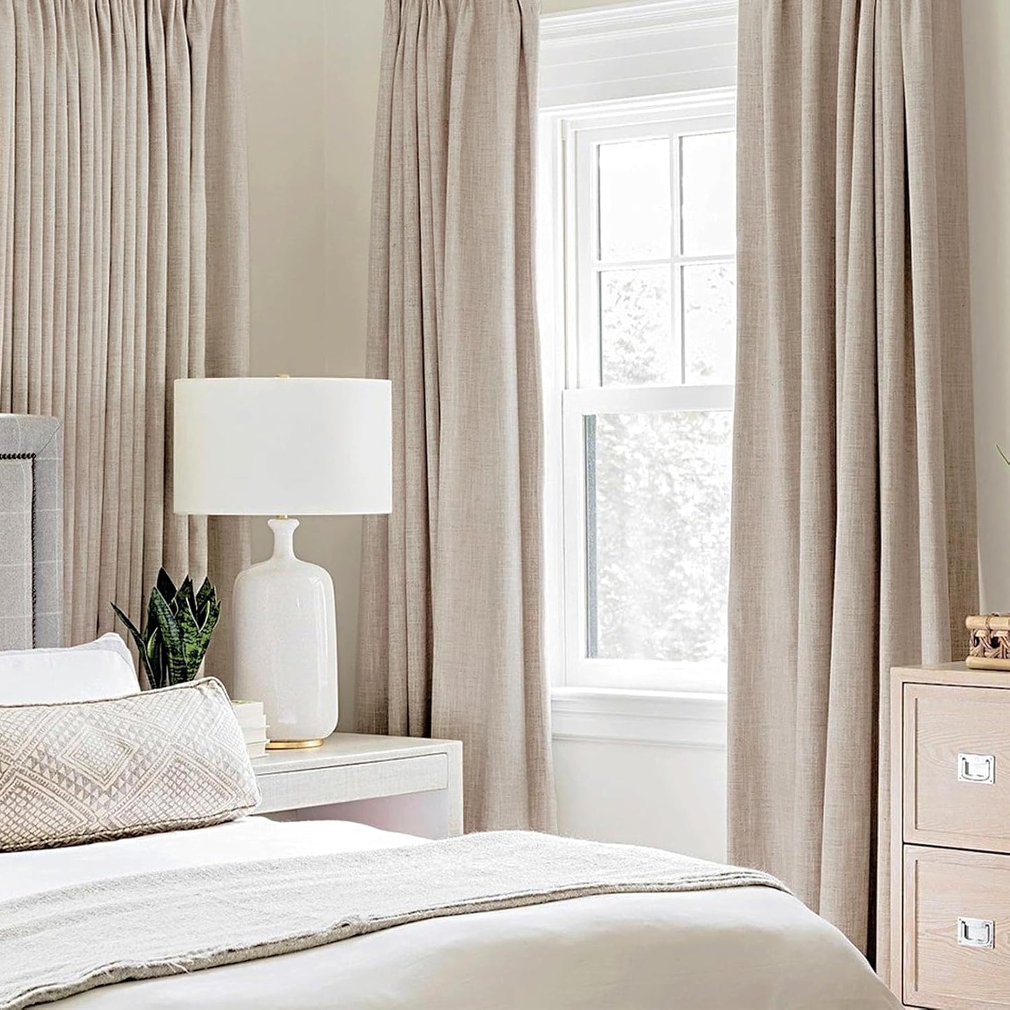 MIULEE 100% Blackout Linen Textured Curtains - Thermal Insulated Natural Beige Drapes | 52 x 80 Inch (2 Panels)