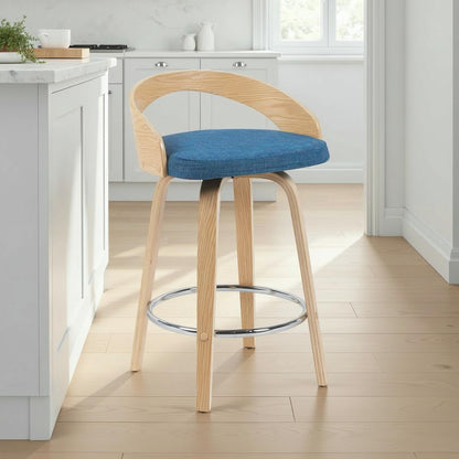 Sonia Modern Swivel Counter Height Bar Stool with Blue Upholstered Seat and Patterned Oak Wood Finish Set of 3