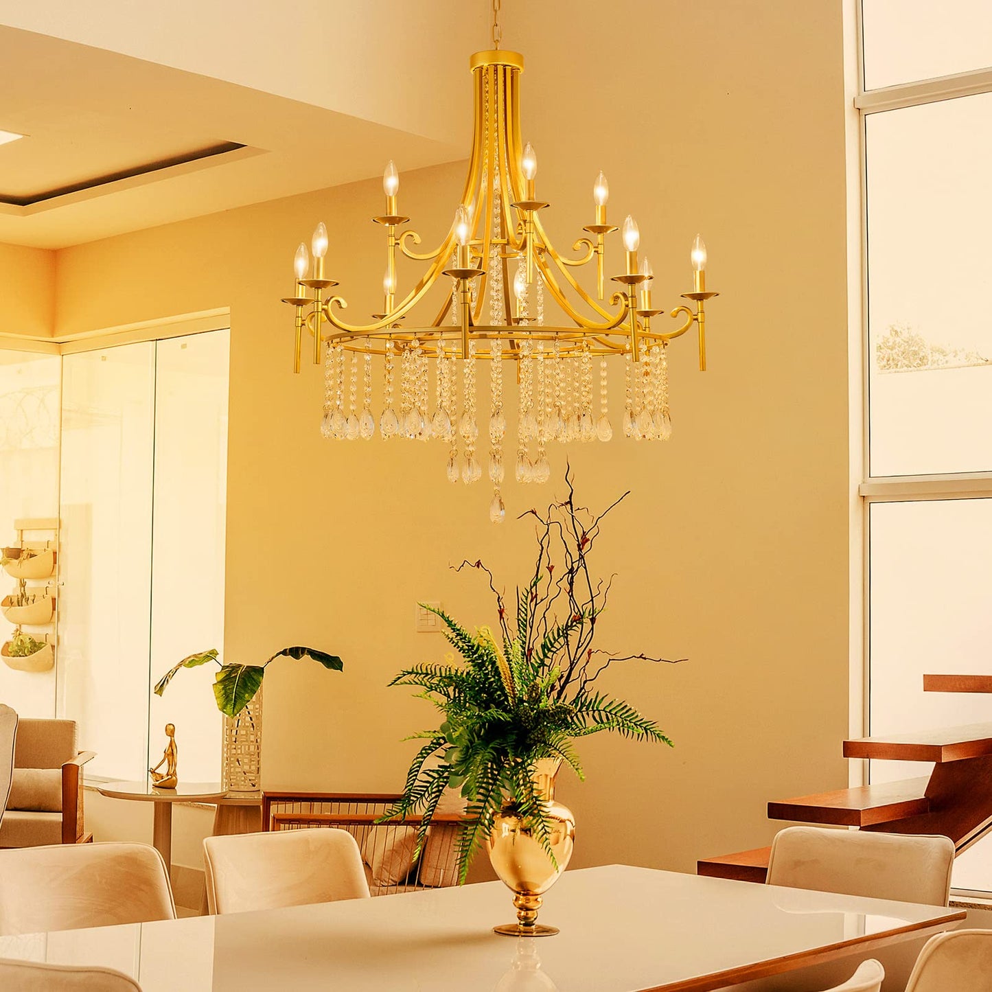 WUZUPS Candle Chandelier 12-Light Wagon Wheel Pendant Ceiling Light Modern Lighting Fixture for Bedroom Hallway Bar Kitchen Dinning Living Room Bathroom, Gold