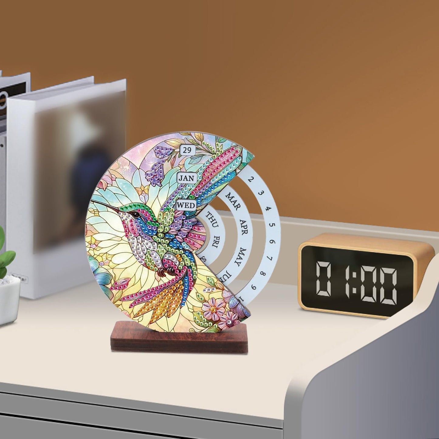 MVVMTOP Diamond Painting Wooden Rotating Calendar Kit, Hummingbird Design Special Shape Diamond Art Handicraft Kit, Rotating Day Month Week and Reusable Calendars, Ideal for Desk Decor & Gift