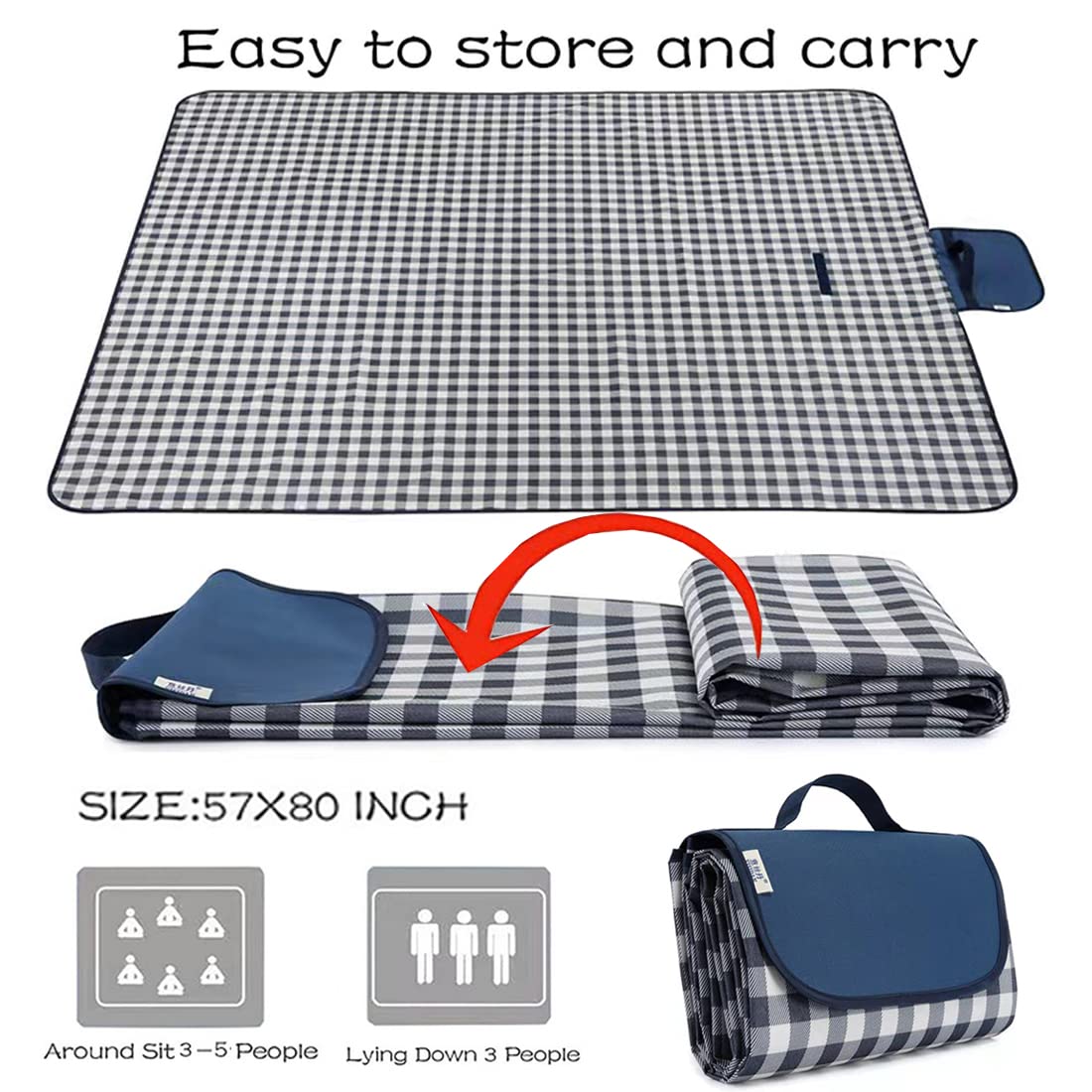 PUPOPIK Outdoor Picnic Blanket, Foldable Waterproof Sand Beach Mat, Large 80x60in Beach Camping Hiking Travel Family Concerts Portable Beach Blankets (Dark Blue)