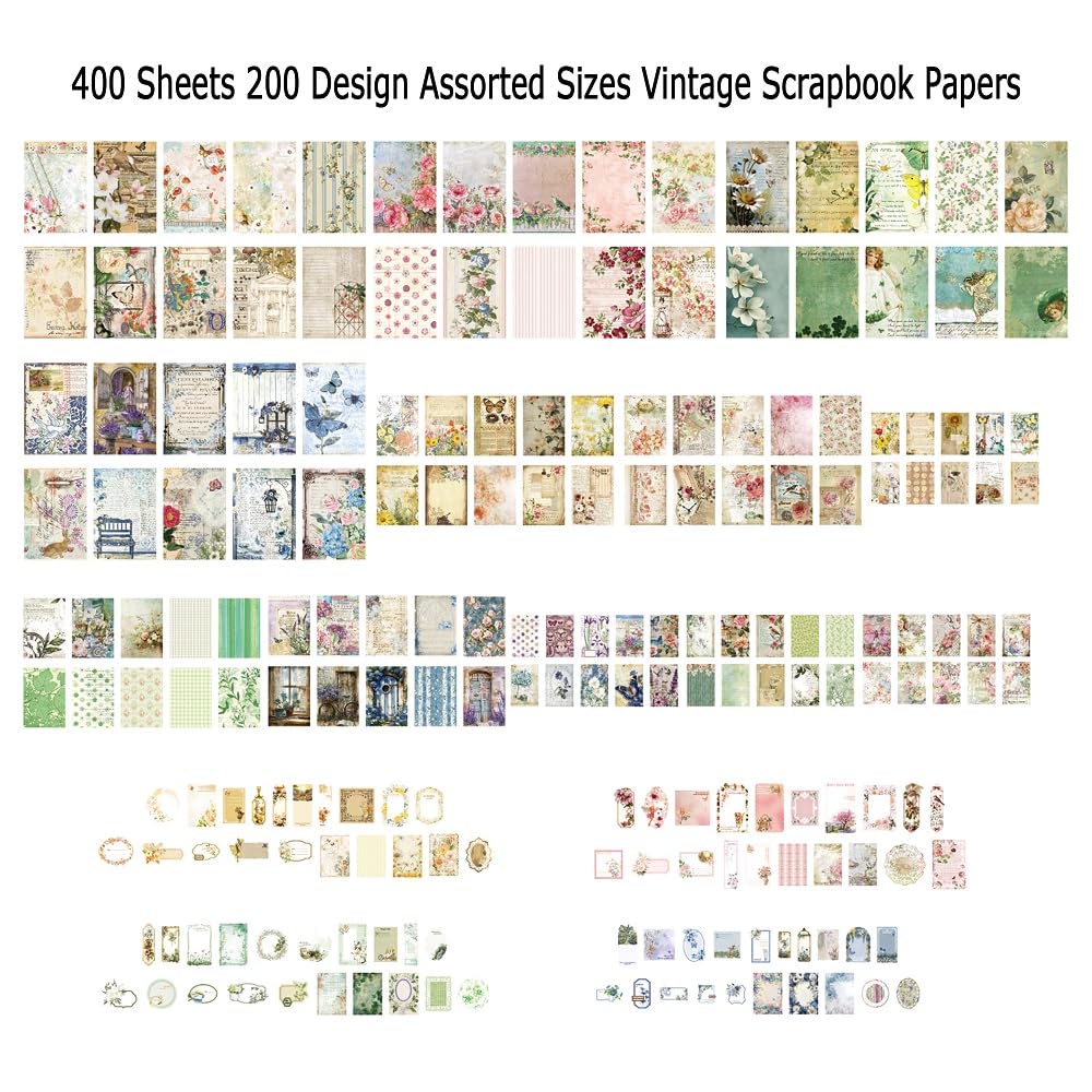 Diuhofart 400Pcs Vintage Scrapbook Supplies Kit, Scrapbook Paper and Journaling Stickers Set, 4Pack Scrap Booking Kit for Junk Journals, Bujo, Collage, Card Making, DIY Crafts Arts