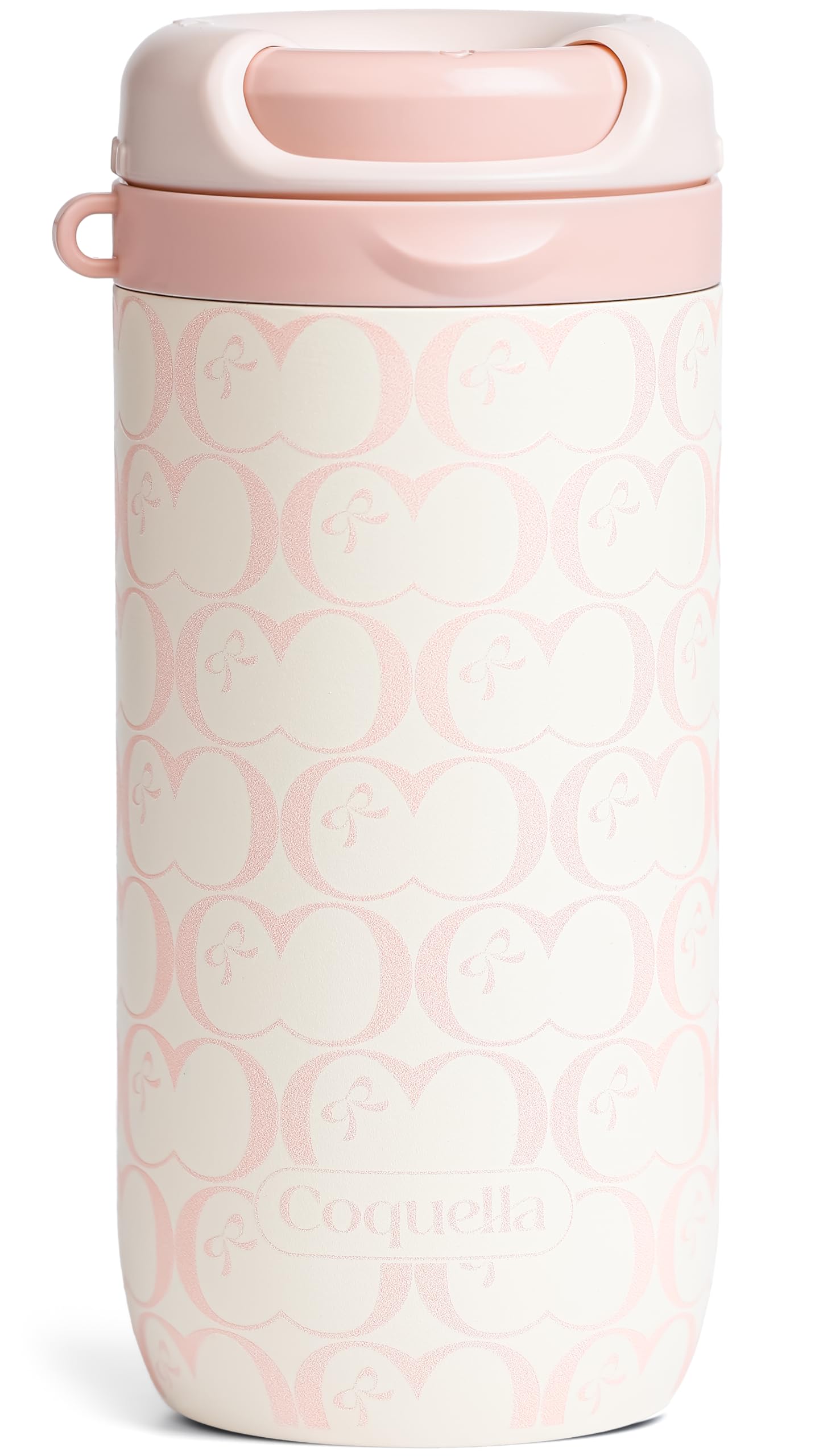 Coquella 15 oz Stainless Steel Coffee Tumbler with Twist-Open Lid, Insulated Travel Mug for Iced Coffee Cold Brew and Warm Beverages, Leakproof, BPA-Free, Cup Holder Friendly, Bow Charm, Blush Pink