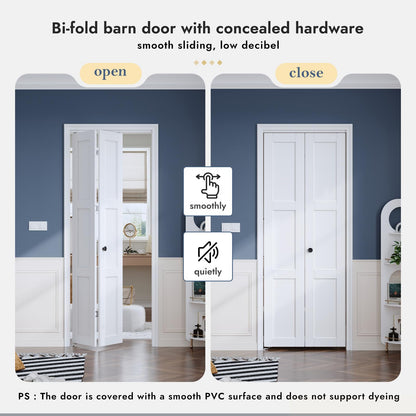 Roymelo Bifold Doors for 30"×80" Opening, Sliding Closet Folding Barn Door with Concealed Hardware Kit Included, 3-Panel, LVL Wood Panel Covered with White Water-Proof Scratch-Proof PVC Surface