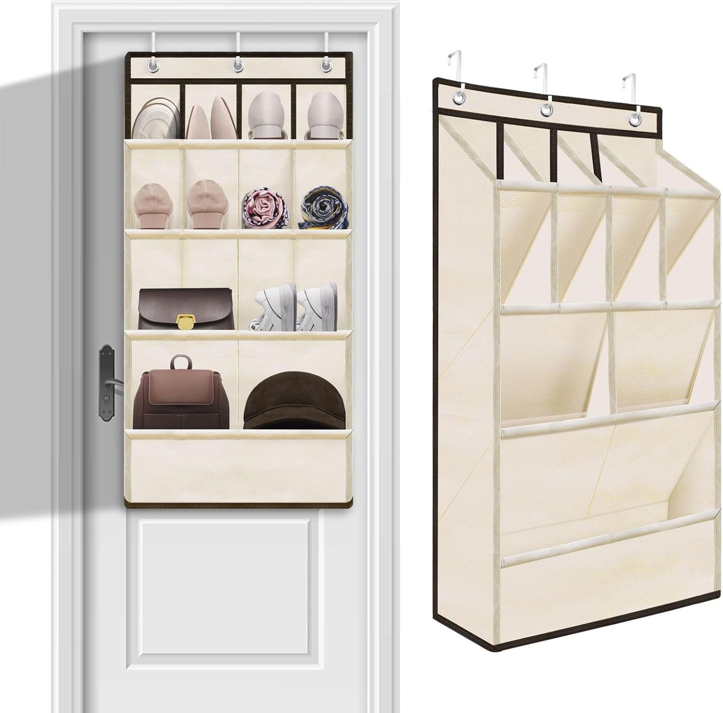 Over the Door Shoe Rack, Short Hanging Organizer with Large Deep Pockets for 14+ Pairs Shoes, Dorm Storage