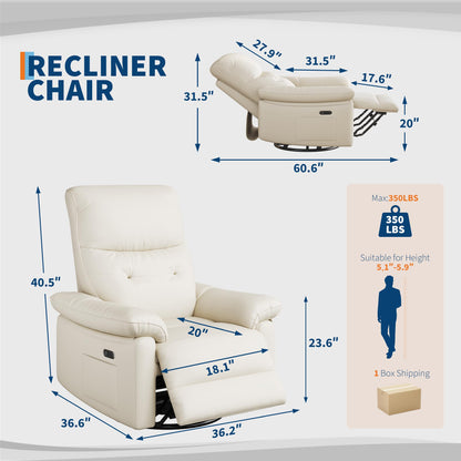 Garvee Power Recliner Chair with 270° Swivel and Rocking, Electric Glider Nursery Chair with USB Charging Port, PU Leather Upholstery and Button Tufted Backrest for Living Room, Cream