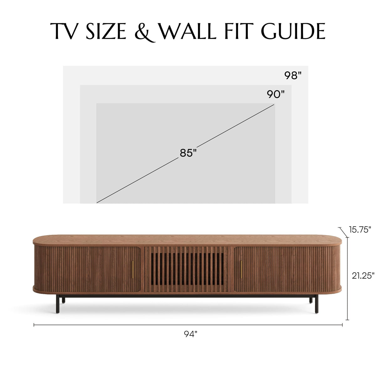 POVISON Fully-Assembled Mid Century Modern TV Stand for 75+ inch TV, Sliding Door Entertainment Center with Storage, Wood TV Console, Media Console for Living Room Bedroom(Walnut, 94.49")
