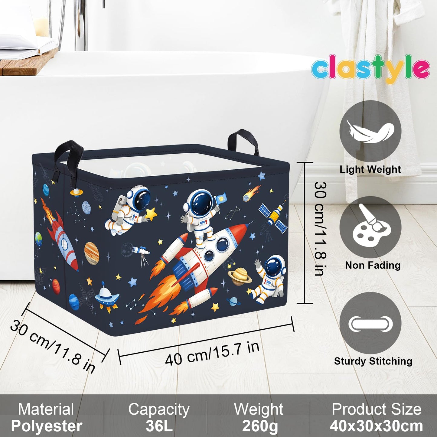 Clastyle Cosmic Space Planet Laundry Basket Star Kids Clothes Book Storage Basket Gift Toy Box for Bedroom Decor,Astronaut,40x30x30 cm