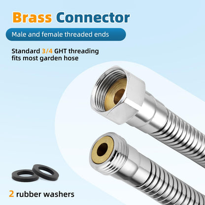 Hibbent All Metal Garden Hose Protector, Stainless Steel Flexible Hose Extension Adapter with 3/4" Female to Male Brass Connector, Anti-twist Hose Extender for Garden, Car Wash, Outdoor Faucet, Chrome