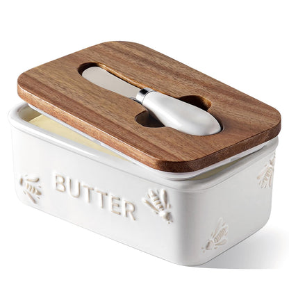 LE TAUCI Butter Dish with Lid for Countertop, Ceramic Butter Container, Embossed Butter Keeper with Acacia Wood lid, Knife, and Airtight Cover, Farmhouse Decor - Set of 1, Arctic White, Bee Pattern