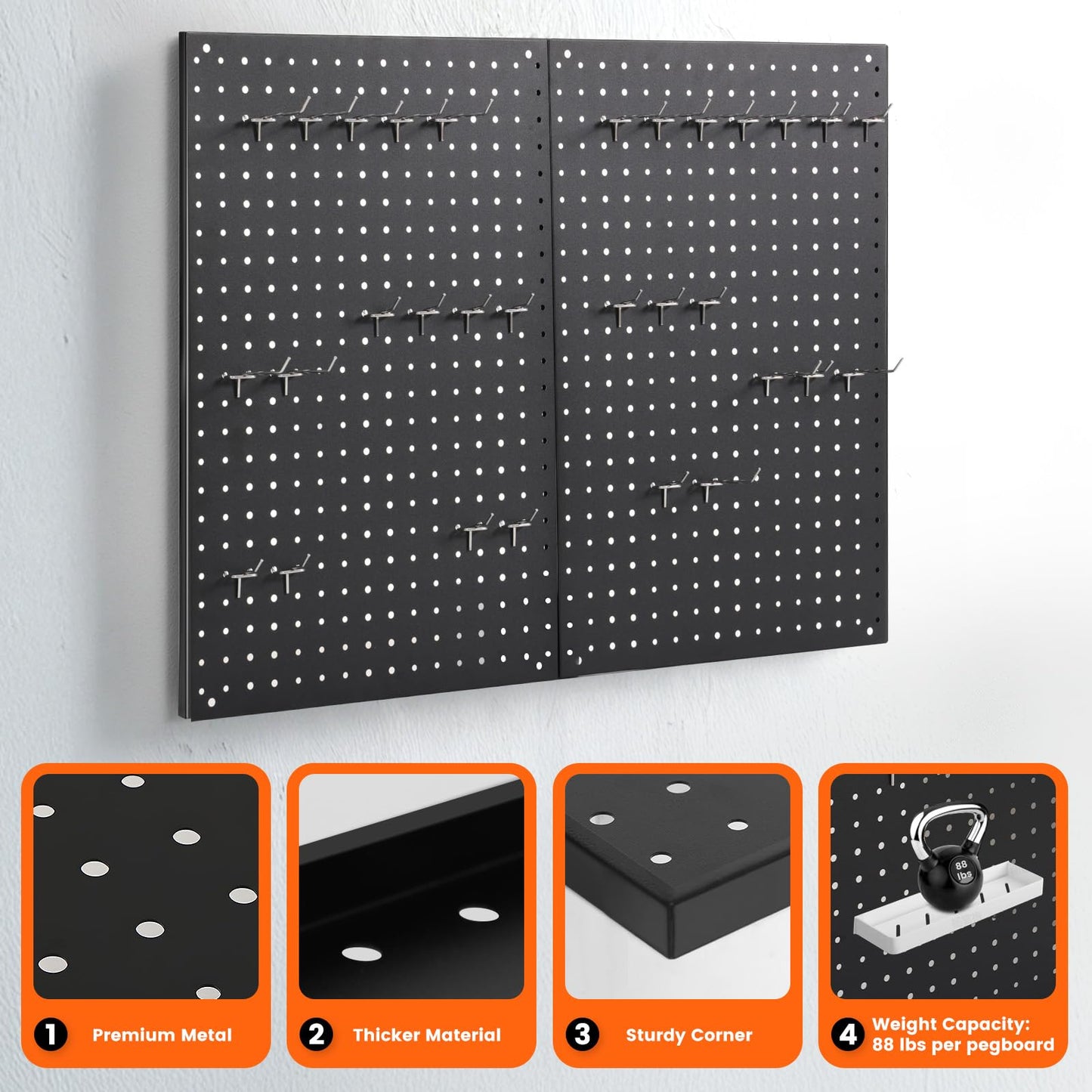 ENJOYWOOD Pegboard, 2 PCS 24"×16" Metal Peg Board Panels Black Modular Wall Organizer Kit with 30 Hooks, Dual-Size Hole Design for Home Tool Storage, Garage Organization, Kitchen, Office, Craft Room