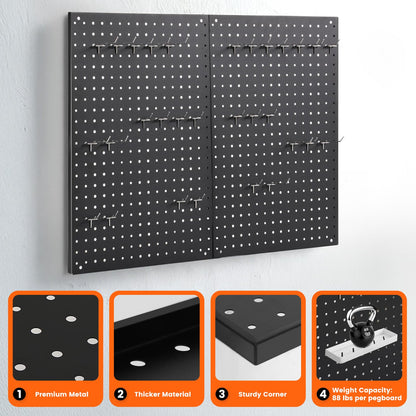 ENJOYWOOD Pegboard, 2 PCS 24"×16" Metal Peg Board Panels Black Modular Wall Organizer Kit with 30 Hooks, Dual-Size Hole Design for Home Tool Storage, Garage Organization, Kitchen, Office, Craft Room
