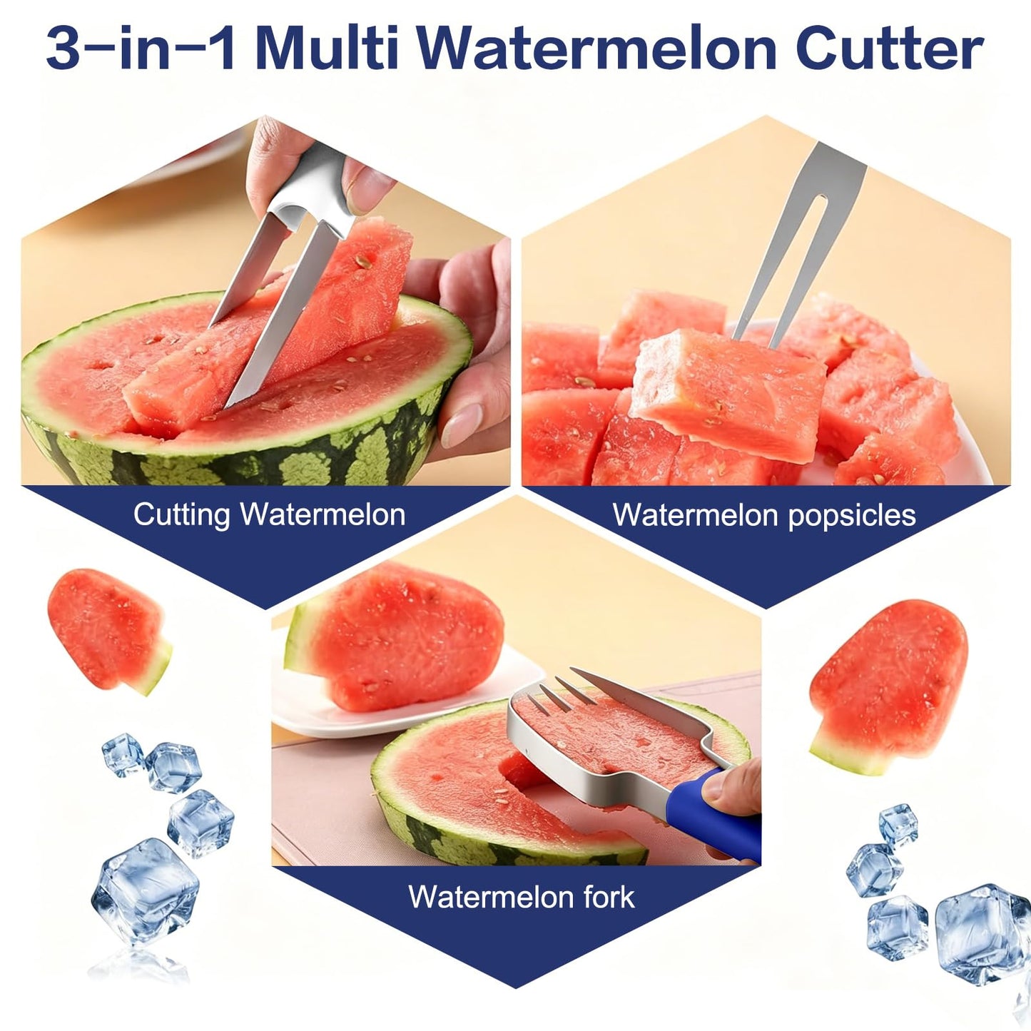 Watermelon Cutter 3-in-1 Fork Slicer & Popsicle Maker, Patriotic Red White Blue Fruit Cutter Tool, Multi Melon Slicer for Summer, Camping & Independence Day Kitchen Use (Red White Blue)