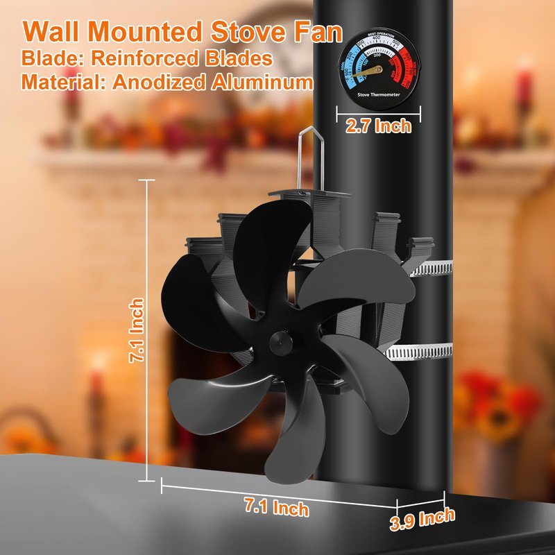 Heat Powered Fireplace Fan Wall Mounted, Wood Stove Fan Thermal Fan for Wood/Log Burning Stove Pellet/Gas Burner, Stove Accessories Thermometer (6 Blade)