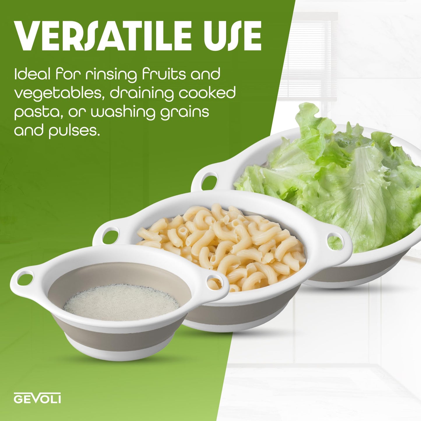 Collapsible Colander Strainer, Includes Over-sink Countertop Draining Base (5QT) Large Kitchen Drainer for Vegetables Fruit and Pasta, Round Foldable Draining Basket, Easy Storage (White)