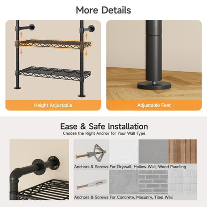 ONBRILL L7 Wall Mounted Industrial Pipe Clothing Rack – Heavy Duty Modular Closet System with 9 Hanging Rods (6 Expandable) & 10 Adjustable Shelves, Corner Garment Rack, Large Wardrobe - Black