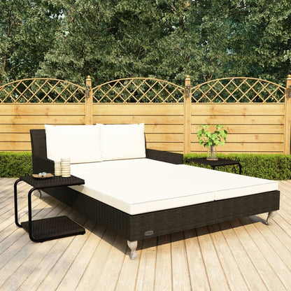 JHQHSM Black Rattan 2-Person Garden Sun Bed with Cream White Cushions, Outdoor Sun Lounger for Patio