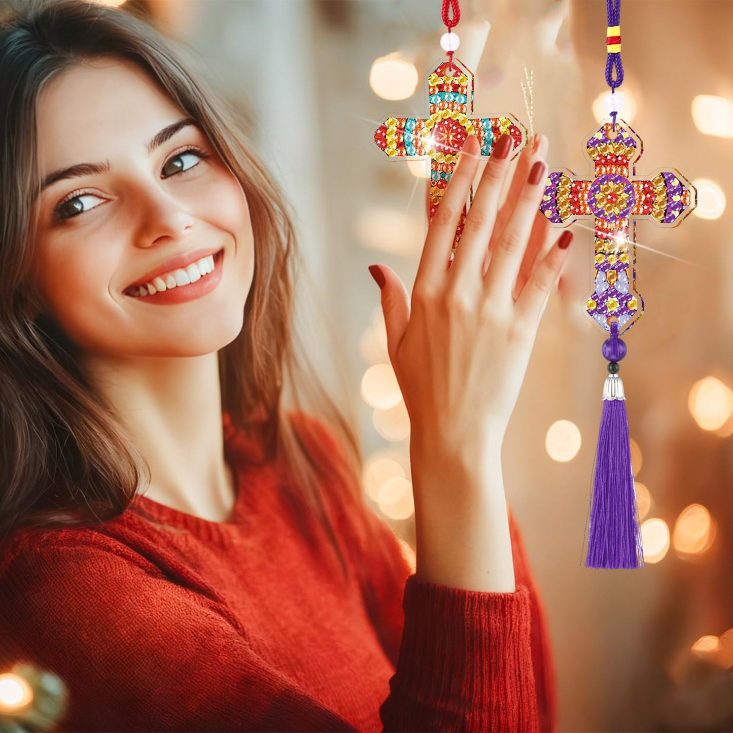 JenPen 12 Pcs Cross Diamond Art Kits Car Ornaments Double Sided Religious Cross Diamond Painting DIY 5d Christmas Painting Keychains Kits for Adults DIY Crafts