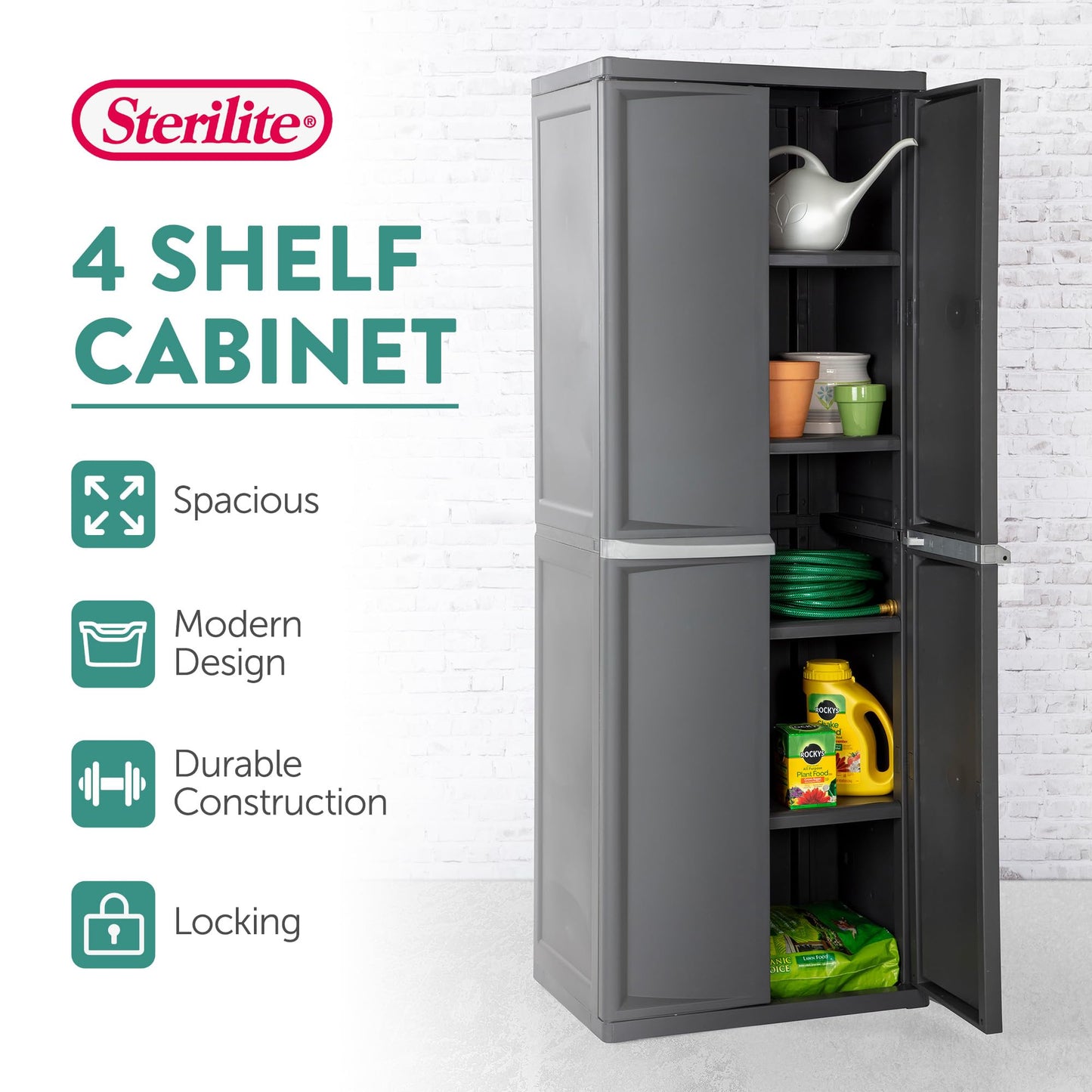 Sterilite 4 & 5 Shelf Plastic Storage Units Bundled with Easy to Assemble Storage Cabinet for Garage, Pantry & Kitchen Organization, 4 Shelves, Gray