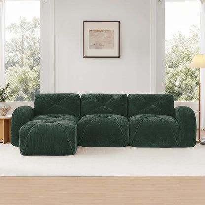 Green L-Shaped Sectional Couches for Living Room, Velvet Fabric Boneless Couch, No Assembly Cloud Modular Sectional Sofa with 1 Ottoman, Foam Couch Compressed Sofa Set for Apartment, Sofas para Sala