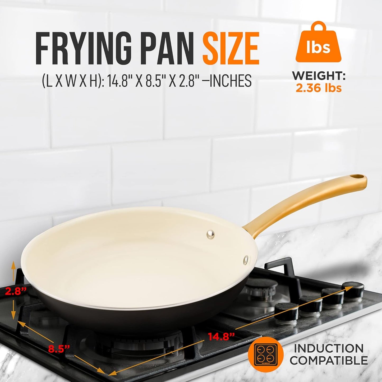 NutriChef 8” Small Fry Pan - Professional Nonstick Frying Pan with Ceramic Coating, Golden Titanium Handle, Easy to