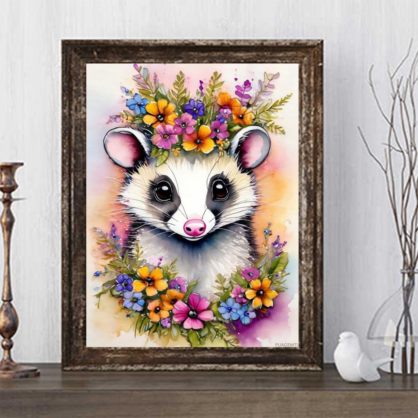 PUAGEMTI Diamond Painting Kits for Adult, DIY 5D Diamond Art Kits, Animals with Garlands Full Drill Round Crystal Virginia Opossum Diamond Dots Art Crafts for Home Wall Decor 12x16inch