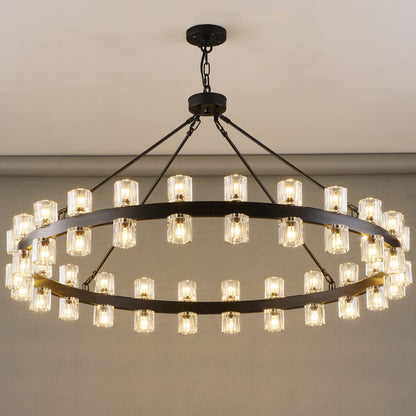 Plsintly 48 Inch Black Wagon Wheel Chandelier with Crystal Shade, Crystal Chandelier, Modern Farmhouse Style, Ideal for Dining Room, Kitchen, Entryways,48 Lights (Bulbs Included)