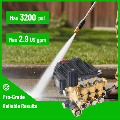Canpump CF 3230 S: 3200 psi @ 2.9 US gpm Belt-Drive Pressure Washer Pump with External Unloader, 24 mm Solid Shaft, Max 1725 RPM, Horizontal Triplex Pump