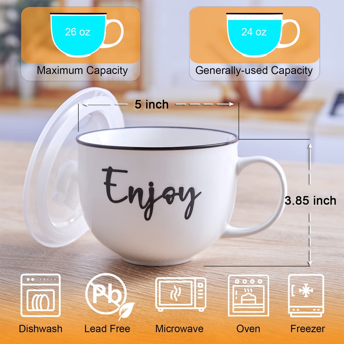 DAYYET Soup Mugs with Handles and Vented Lids, 26 oz Microwavable Soup Bowls, Ceramic Mugs Set for Overnight Oats, Cereal, Noodles, Ramen, Pasta, Salad, Oversized Coffee Mugs, Set of 2, White