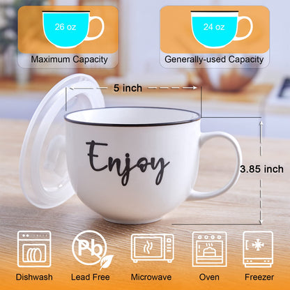 DAYYET Soup Mugs with Handles and Vented Lids, 26 oz Microwavable Soup Bowls, Ceramic Mugs Set for Overnight Oats, Cereal, Noodles, Ramen, Pasta, Salad, Oversized Coffee Mugs, Set of 2, White