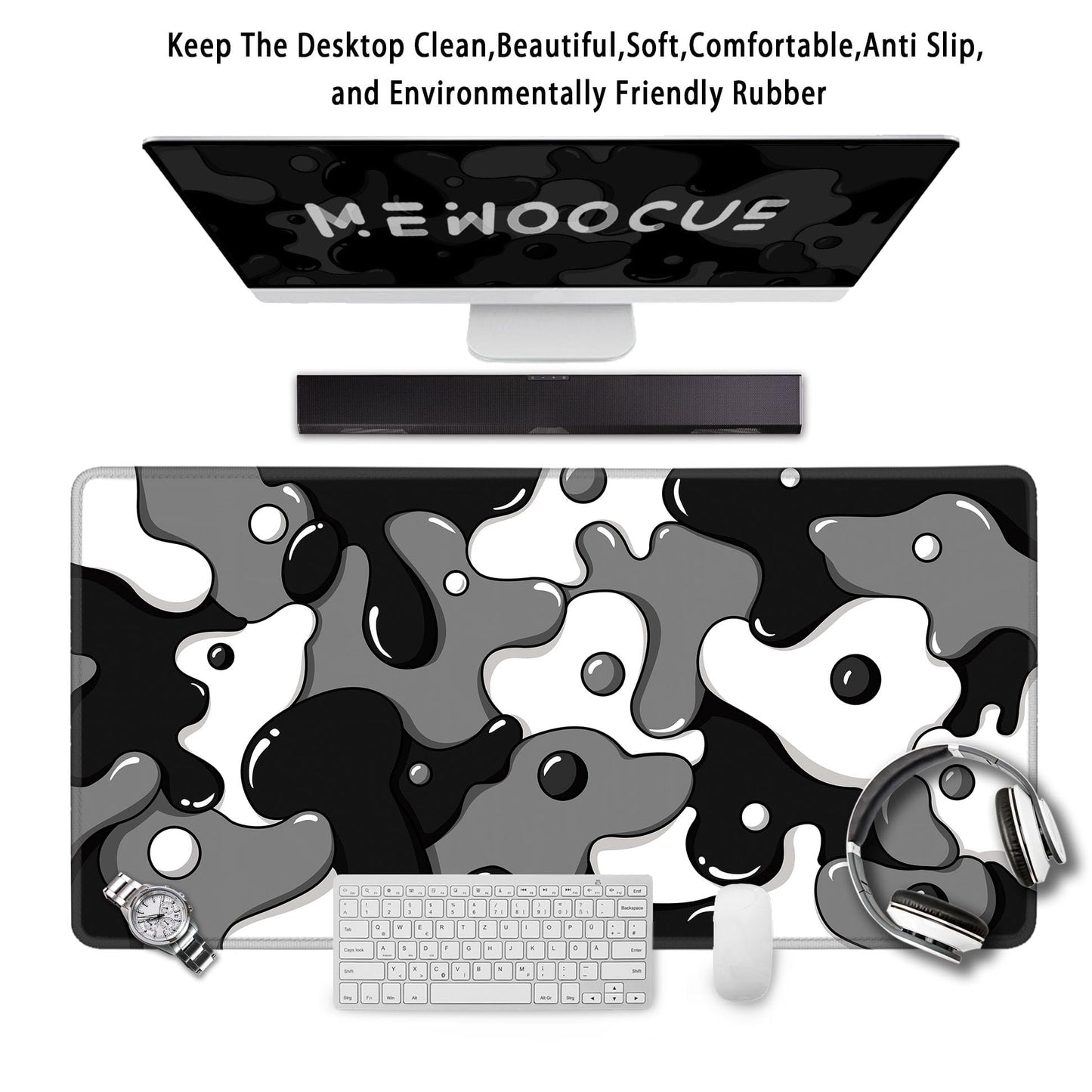 MEWOOCUE® Gaming Mouse Pad for Desk,Large Cute Black White Mousepad Laptop,Japanese Grey Anime Mouse Mat,Long XXL Waterproof Keyboard Pads,Big Non-Slip Mouse Pads for Game Office Home（31.5 x 15.7 in）