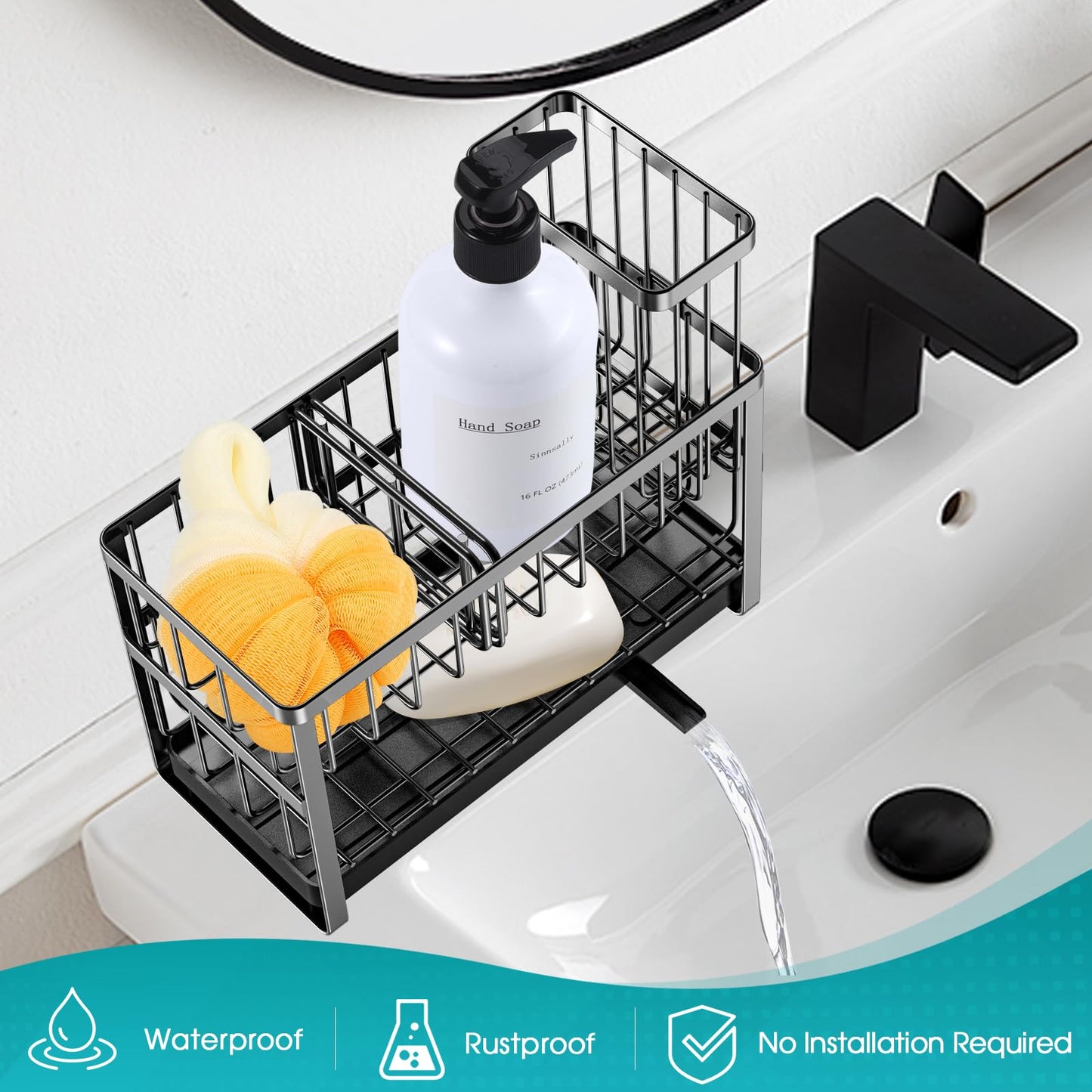 Sinnsally Kitchen Sponge Holder,Sink Caddy Organizer with High Brush Holder,Stainless Steel Sink Box Dish Scrubber Holder,Soap Tray for Kitchen Counter Accessories & Storage Rack(2 Tier - Black)
