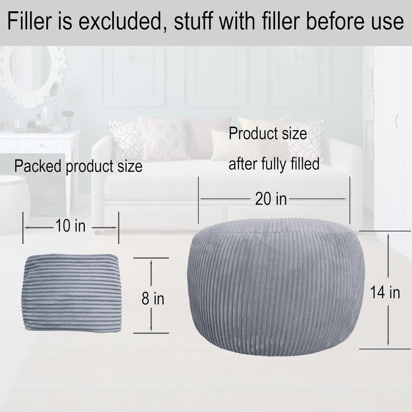 Sanmudecor Unstuffed Ottoman Pouf Cover, Foot Rest Cover, Bean Bag Chair Cover (Gray)