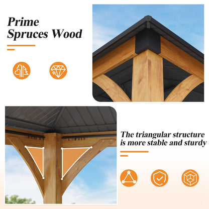 GARTOO 11’x 13’ Outdoor Spruce Wood Gazebo - Patio Hardtop Gazebo Permanent Wooden Pavilion with Privacy Curtains and Netting & 2 Shelves, Steel Roof Wooden Gazebos for Garden, Porch, Lawn, Backyard