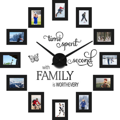 Sratte 3D Large Family Photo Clock Frame Wall Decor, 5 x 3.5 Inch Family Tree Decor, Paper Photo Frame DIY Clock Quote Wall Stickers Kit for Home Office Living Room Bedroom Mother's Day(Black)