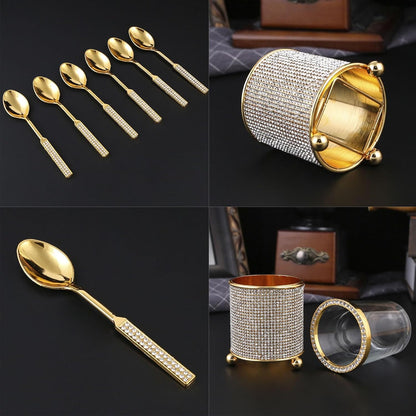 6Pcs Mini Tea Spoons Set, Gold Dessert Spoons with Holder, Zinc Alloy Small Delicate Spoons for Mixing, Ice Cream, Cake