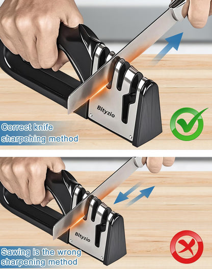 4-In-1 Manual Knife Sharpener for Kitchen Knives & Scissors, Professional Pull-Through Knife Sharpener with Tungsten Steel & Ceramic Slots, Non-Slip Base, Easy to Use for Chef Knives & Serrated Blades