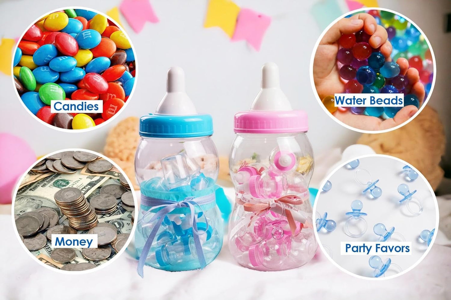 13" Evershine Plastic Baby Bottle Bank, Blue Fillable Baby Shower Bank, Plastic Jumbo Baby Favor Bottle Centerpiece