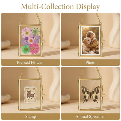 JUXYES 4 Pack Mini Brass Floating Frames Ornaments With Hanging Chain - Double Glass Tiny Picture Display Frame - Gold Wallet Size Floater Style Gallery Wall Frame for Pressed Flowers, Vertical