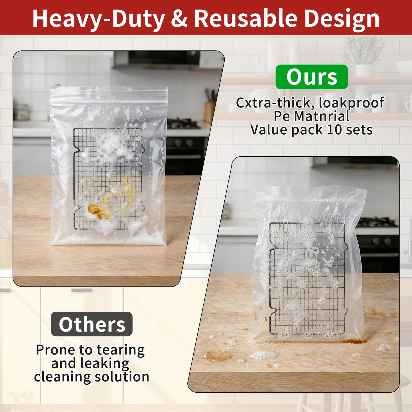Plus tard 10 Pack Oven Rack Cleaning Bags, 27.5''*19.6'' Heavy Duty No Scrub Oven Rack Cleaning Bag, Disposable Leakproof Soaking PE Bags for Removable Metal Rack, BBQ Grills, Grill Grate